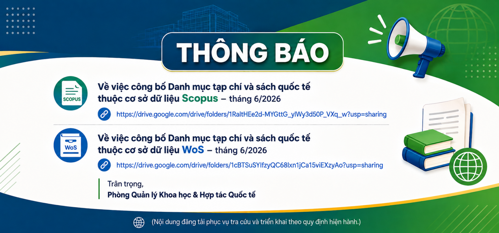Danh mục tạp chí và sách quốc tế thuộc cơ sở dữ liệu Scopus và WoS - tháng 06/2026